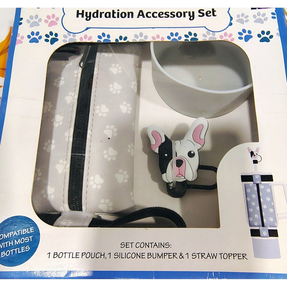 Dog Hydration Accessory Set Portable Silicone Gray Bottle Pouch Bumper Topper